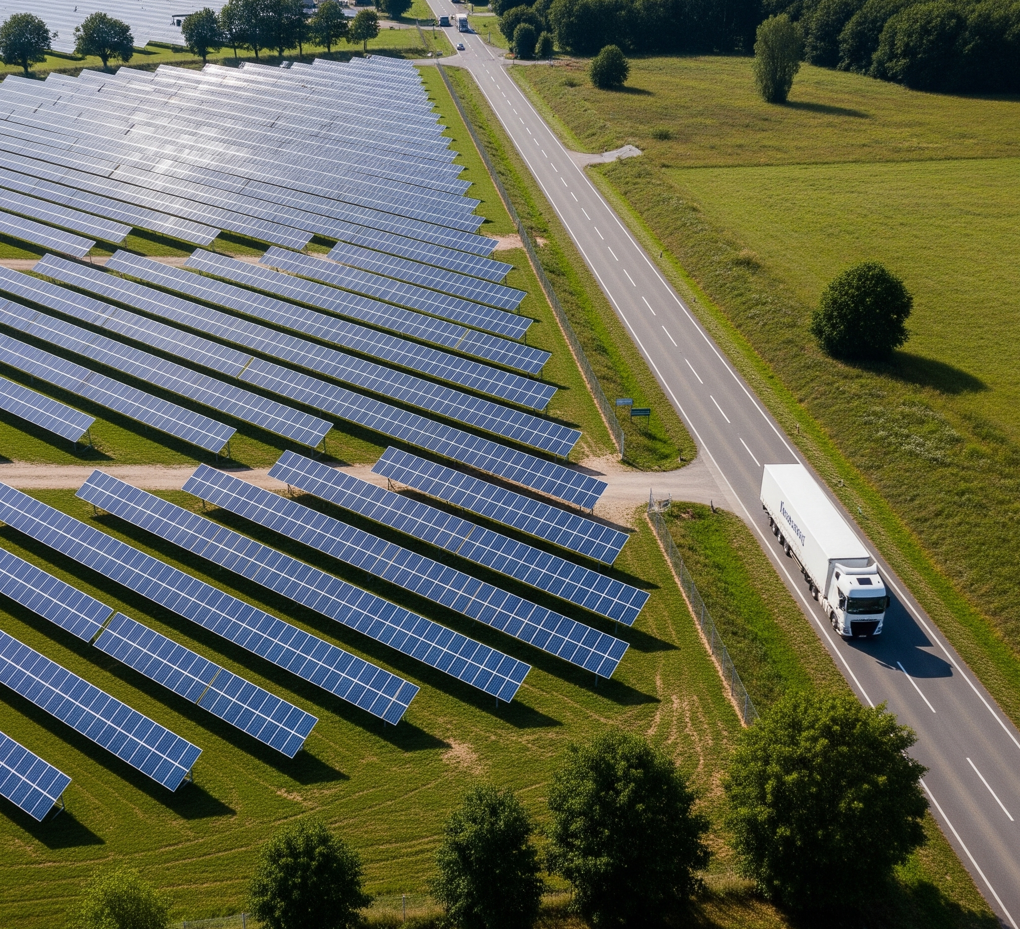 Page d'accueil 1 Vue aérienne d'une vaste centrale solaire photovoltaïque dans un champ verdoyant avec une route adjacente