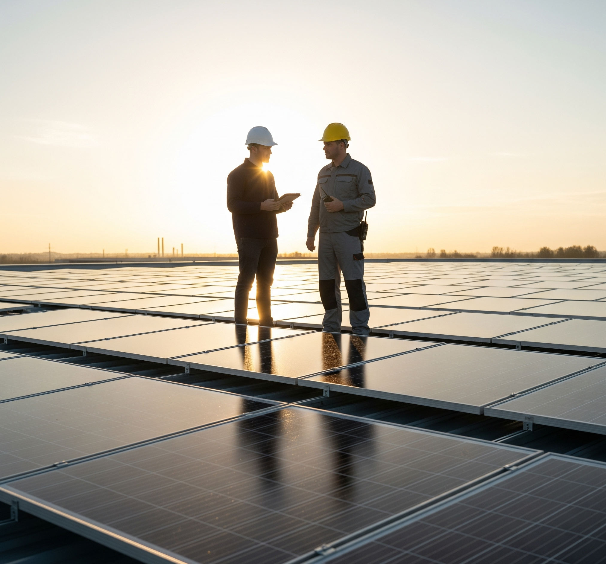 Deux ingénieurs en énergie solaire sur un toit couvert de panneaux photovoltaïques au lever du soleil. Installation de panneaux solaires résidentiels ou commerciaux. Experts en énergie renouvelable et solutions solaires durables.